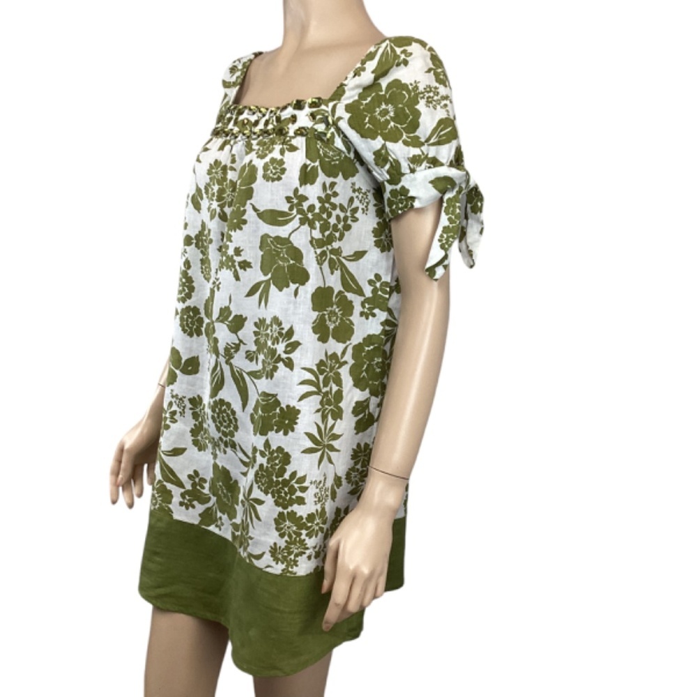 Alexandra Bartlett 100% Linen‎ White & Olive Green Dress Size Medium Puff Short - Picture 2 of 8